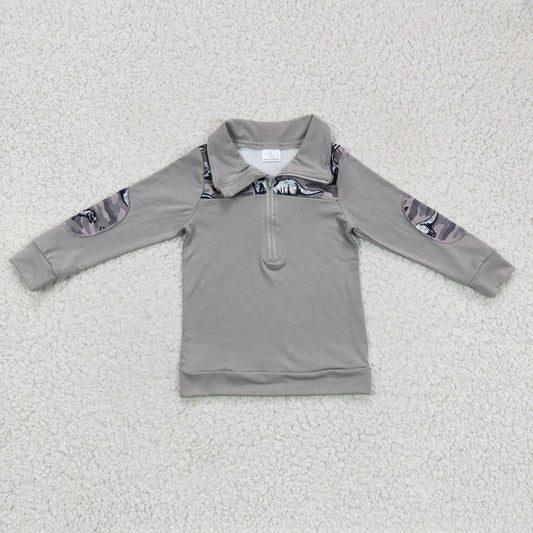 Promotion Baby Boy Long Sleeves Western Cow Camo Grey Zipper Pullover Shirt