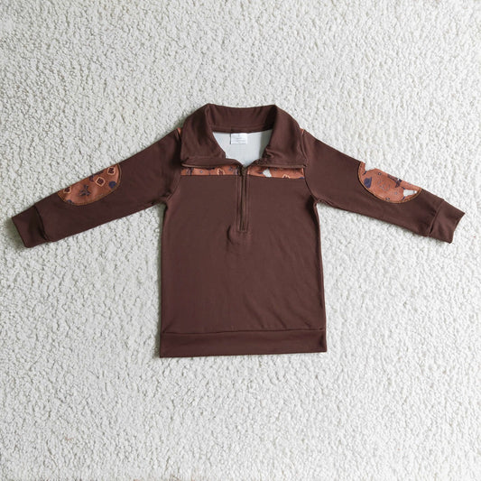 Promotion Baby Boy Long Sleeves Western Cow Zipper Brown Pullover Shirt