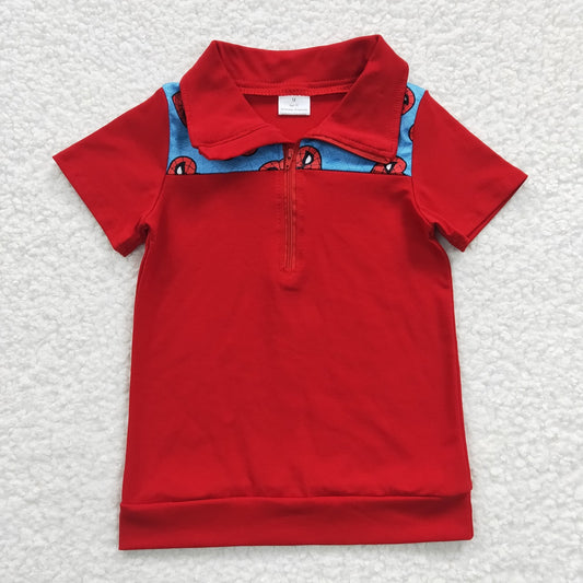 Promotion Baby Boy Short Sleeves Zipper Pullover Cartoon Red Shirt