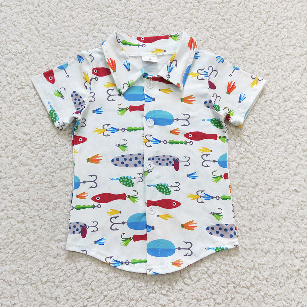 Baby Boy Toddler Short Sleeves Crawfish Fishing Sibling Buttons Shirt RTS