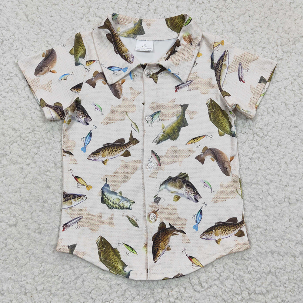 Baby Boy Toddler Short Sleeves Crawfish Fishing Sibling Buttons Shirt RTS