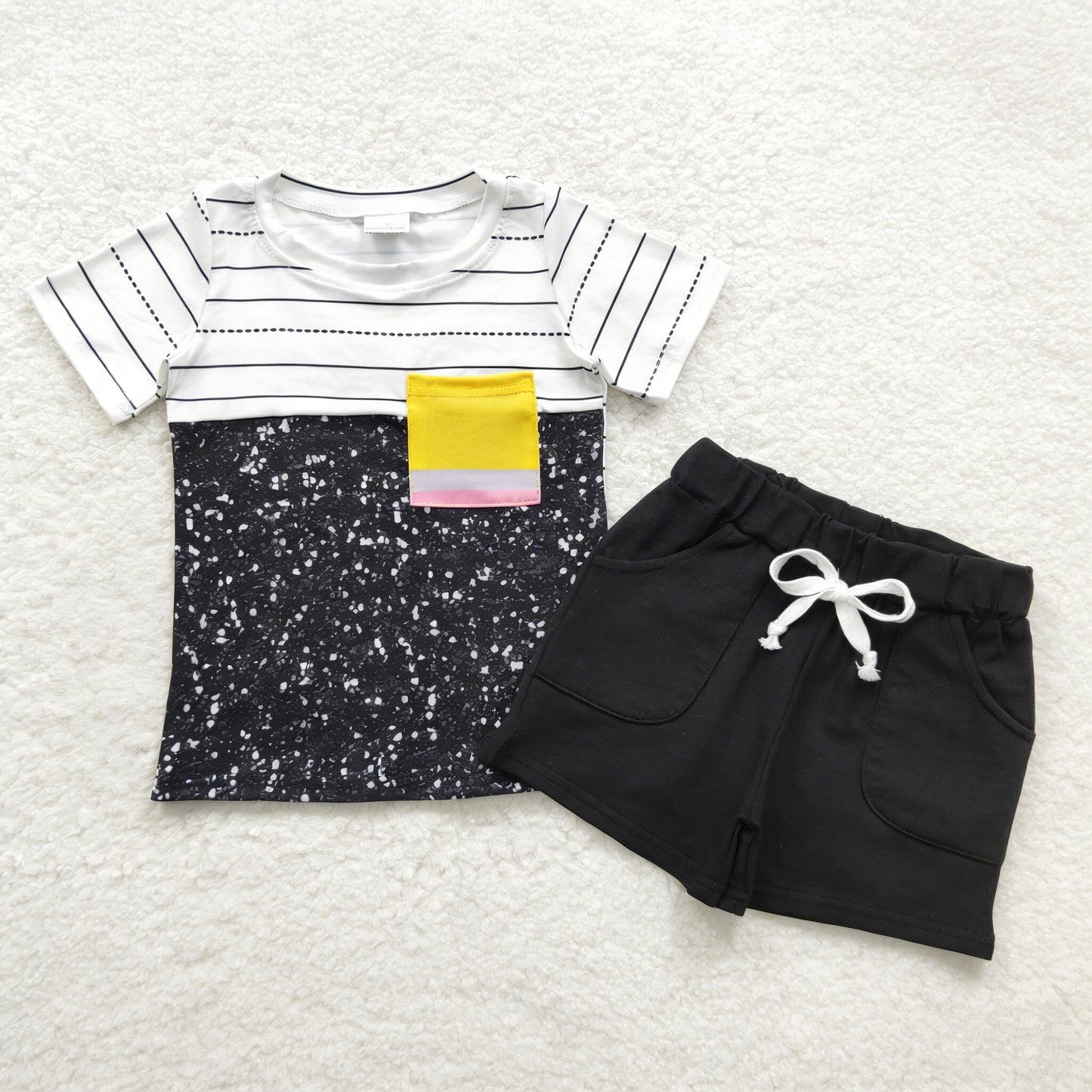 Baby Boys Kids Stripes Short Sleeves Shirt Black Pockets Shorts Back to School Set RTS