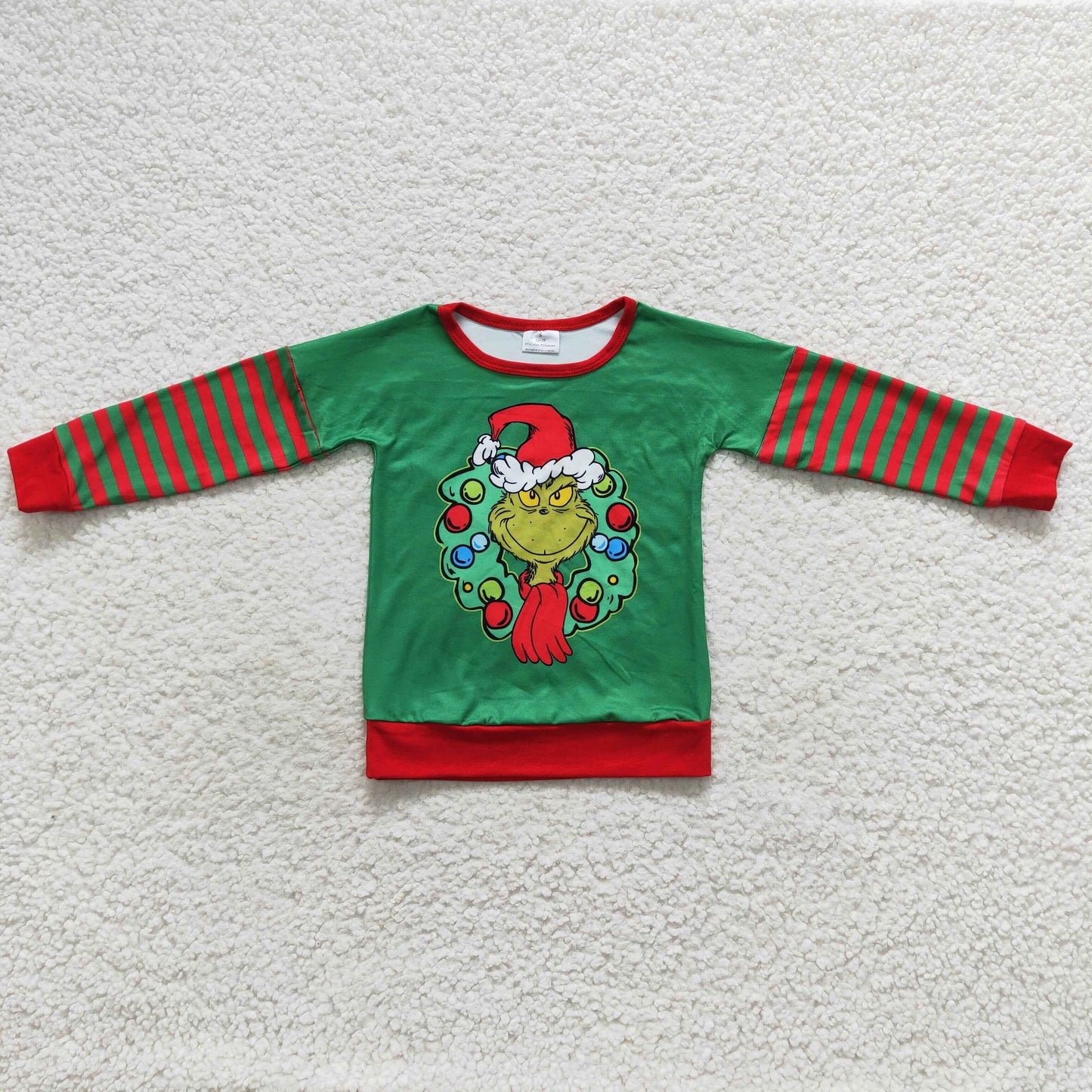 Promotion Baby Boys Stripes Long Sleeves Green Face Christmas Shirt RTS