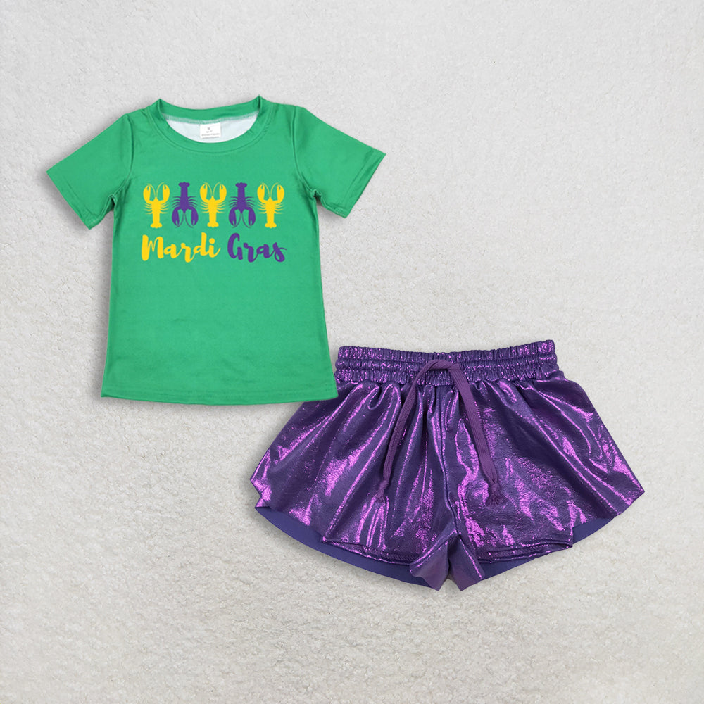 Baby Girls Short Sleeves Crayfish Green Shirt Purple Leather Ruffle Shorts Mardi Gras Set RTS
