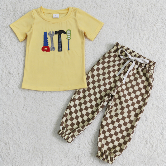 Baby Boys Short Sleeves Embroidery Tools Yellow Shirt Checked Pockets Pants Set RTS