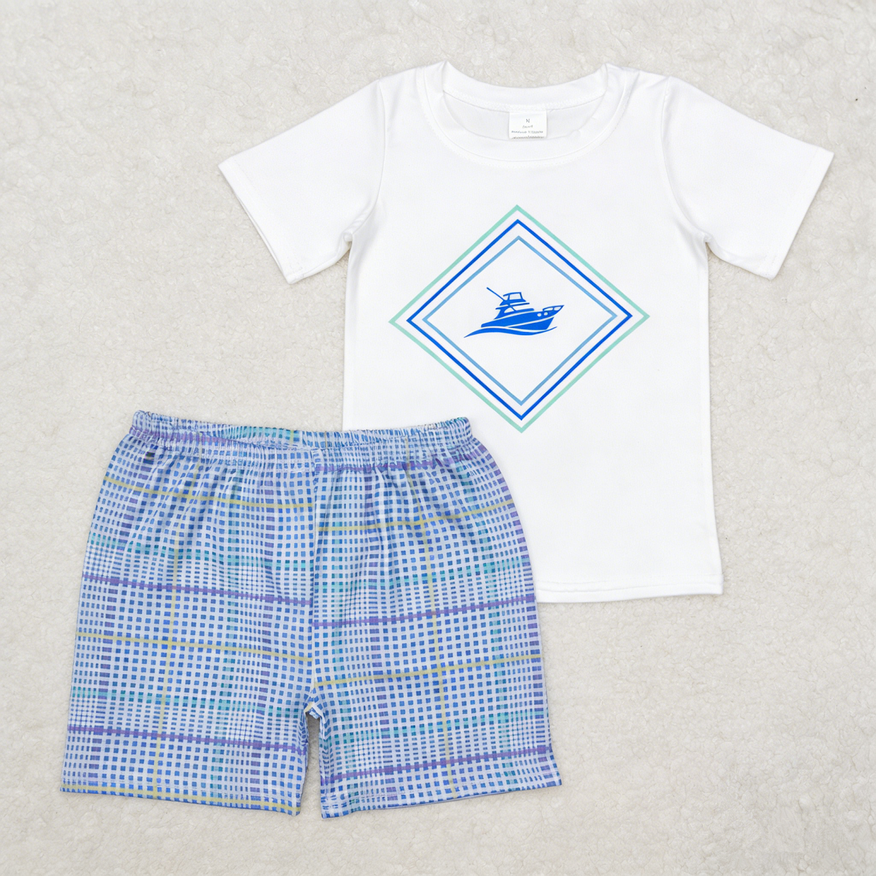 Baby Boys Kids Short Sleeves Boat Shirt Blue Plaid Shorts Summer Clothes Set RTS