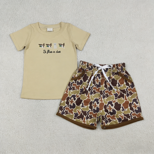 Baby Boys Navy Short Sleeves Embroidery Shirt Ducks Camo Pockets Shorts Summer Clothes Set RTS