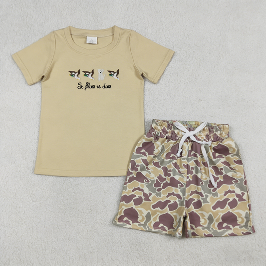 Baby Boys Kids Short Sleeves Embroidery Dogs Ducks Shirt Pockets Camo Shorts Clothes Set