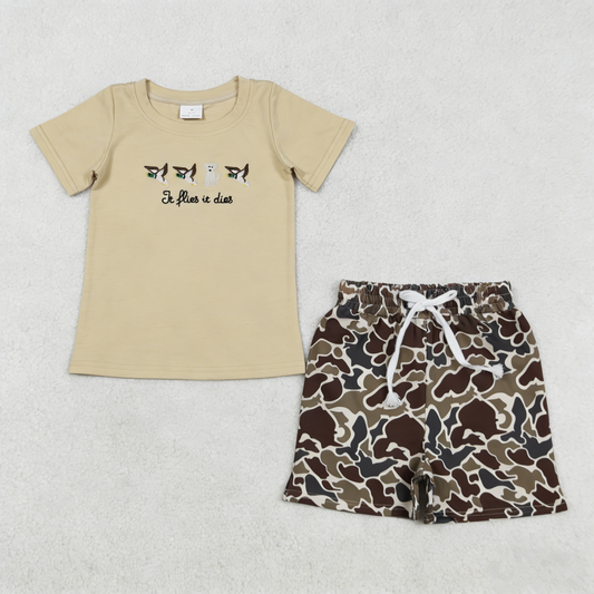 Baby Boys Kids Embroidery Ducks Dogs Shirt Pockets Camo Shorts Hunting Clothes Set
