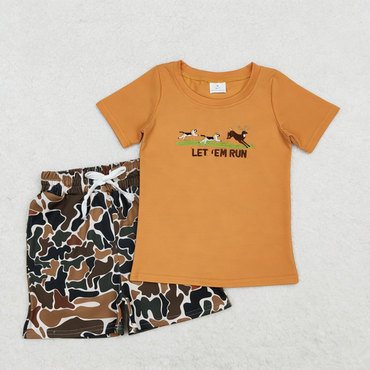 Baby Boys Blue Short Sleeves Embroidery Dogs Deer Shirt Brown Green Camo Pockets Shorts Set RTS
