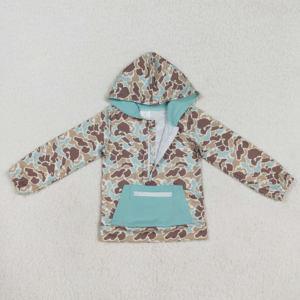 Sibling Kids Boys Long Sleeves Camo Pockets Zipper Hoodie Pullovers Shirts Tops RTS