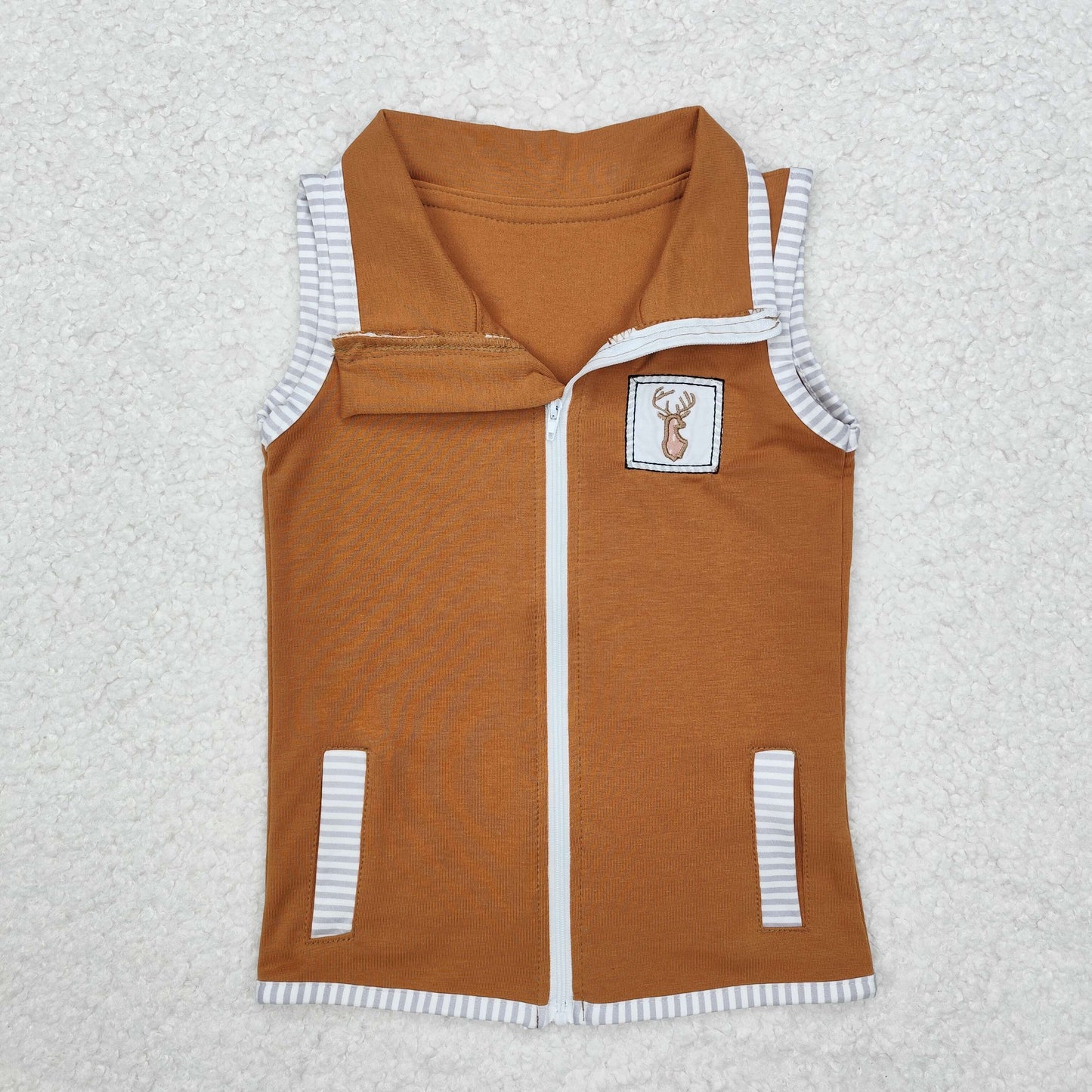 Baby Kids Toddler Sleeveless Embroidery Deer Dog Duck Pockets Sibling Zipper Tops