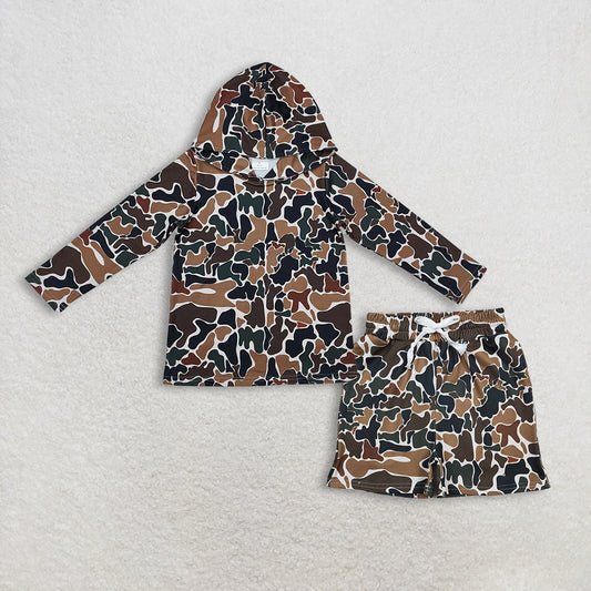 Baby Boys Kids Long Sleeves Brown Green Camo Hoodie Shirt Pockets Shorts Clothes Set RTS