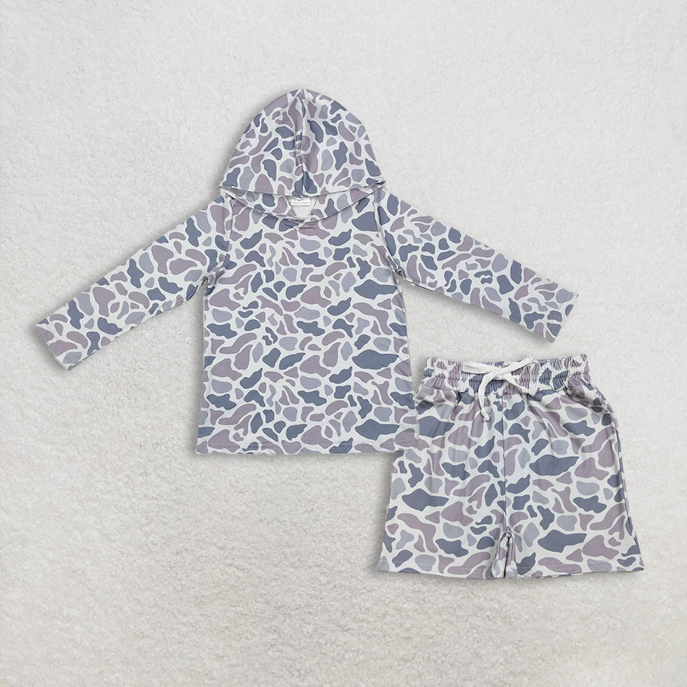 Baby Boys Kids Long Sleeves Grey Camo Hoodie Shirt Pockets Shorts Clothes Set RTS