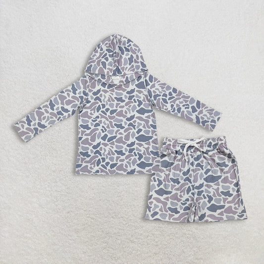Baby Boys Kids Long Sleeves Grey Camo Hoodie Shirt Pockets Shorts Clothes Set RTS