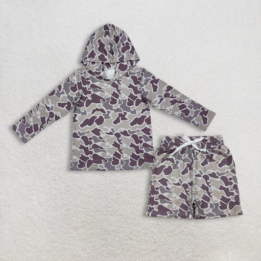 Baby Boys Kids Long Sleeves Dark Grey Camo Hoodie Shirt Pockets Shorts Clothes Set RTS