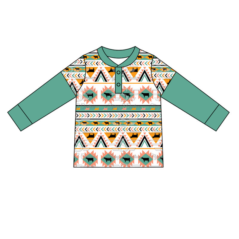 Pre-order Baby Boy Long Sleeves Western Aztec Cow Shirt Tops