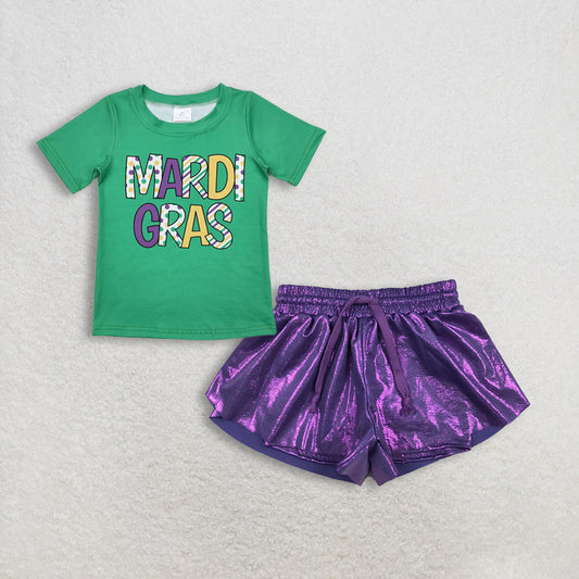 Baby Girls Short Sleeves Mardi Gras Green Shirt Purple Leather Ruffle Shorts Set RTS
