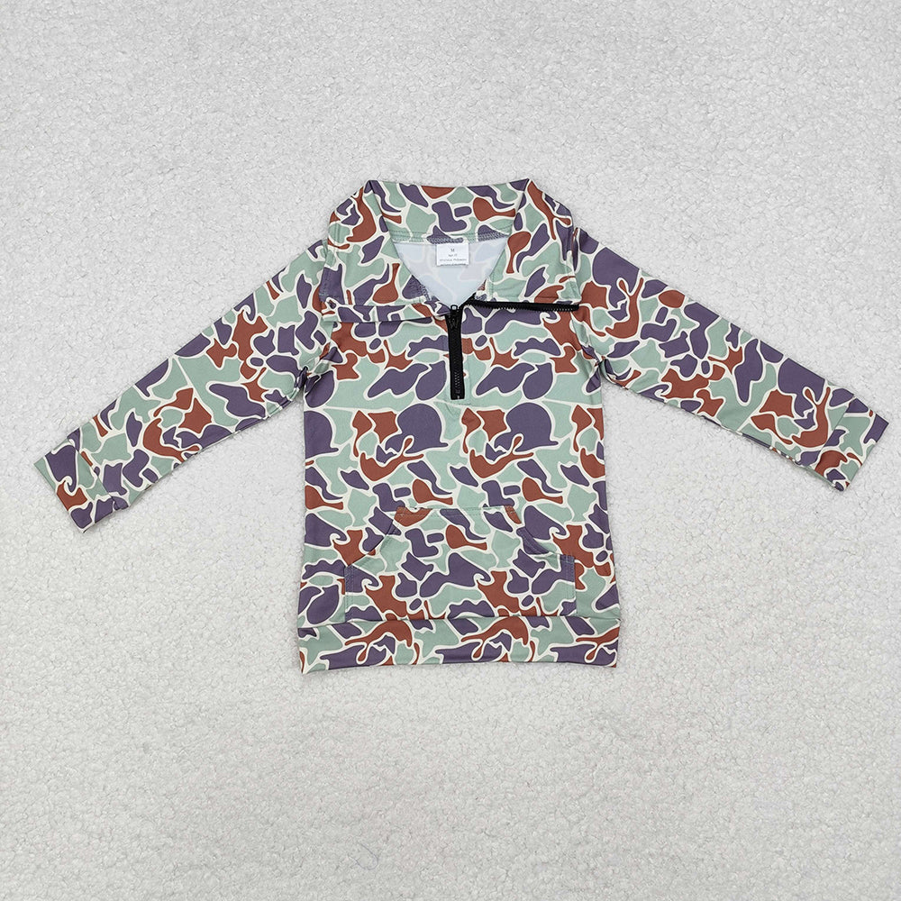 Mommy and Me Women Baby Boy Long Sleeves Green Camo Zipper Pocket Pullover Shirt
