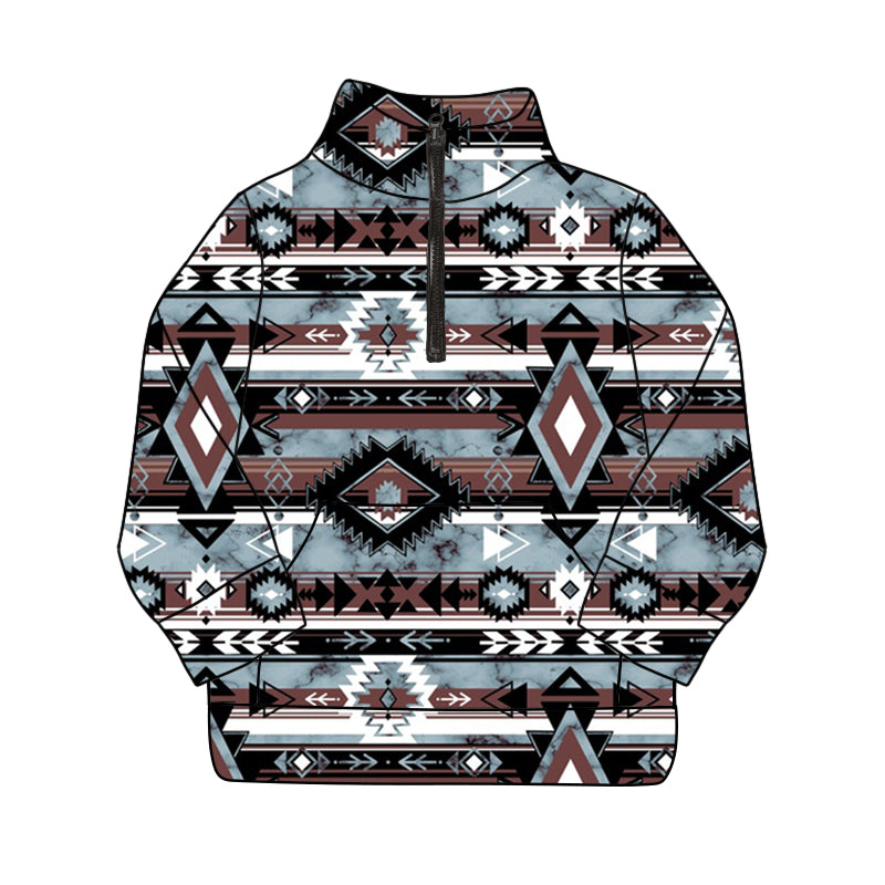 Pre-order Baby Boy Long Sleeves Cow Skull Aztec Zipper Western Pullover Shirt