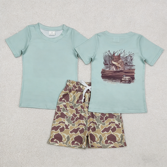 Baby Boys Green Short Sleeves Dogs Ducks Shirt Camo Pockets Shorts Summer Clothes Set RTS