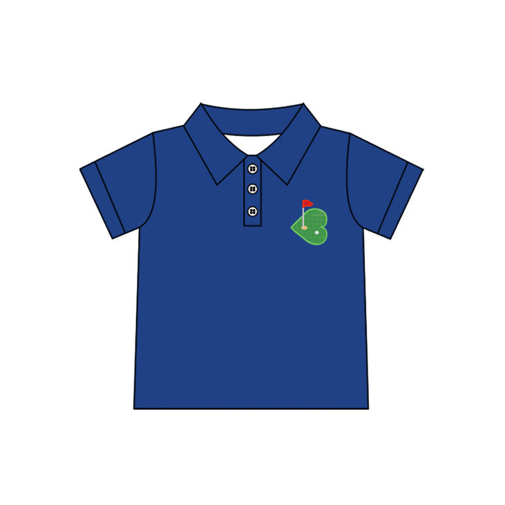 Preorder Baby Boy Short Sleeves Golf Heart Blue Buttons Pullover Shirt
