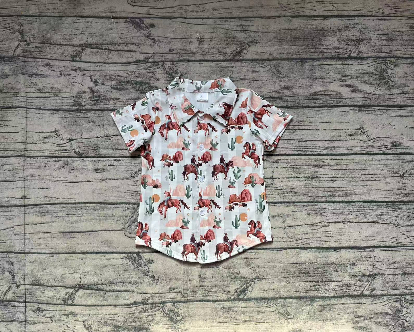 Baby Boy Short Sleeves Western Rodeo Cactus Buttons Tee Shirt Tops RTS
