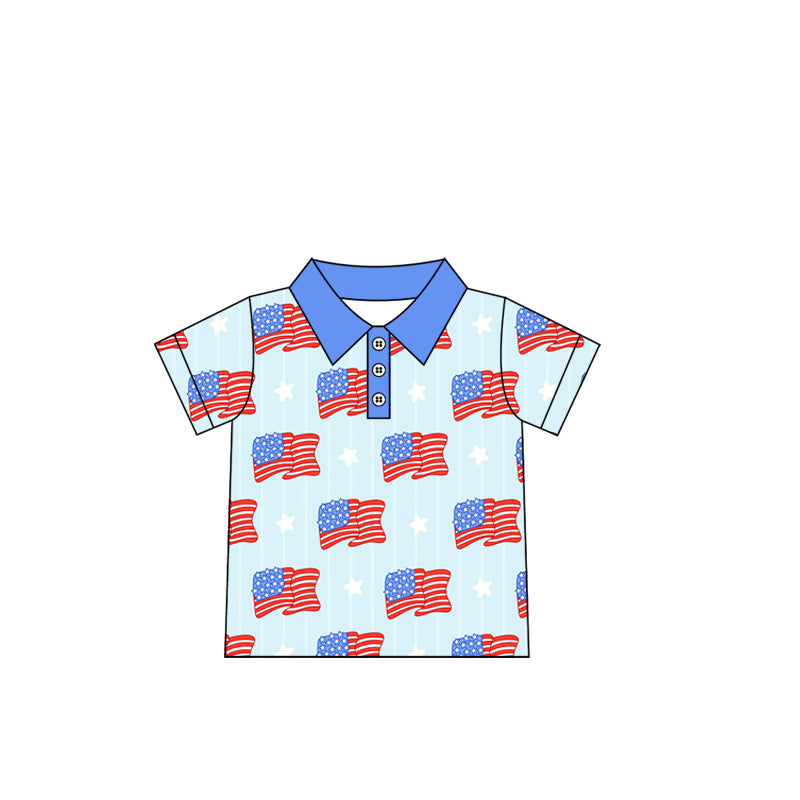 Preorder Baby Boy Short Sleeves July 4th Flags Buttons Pullover Shirt Tops