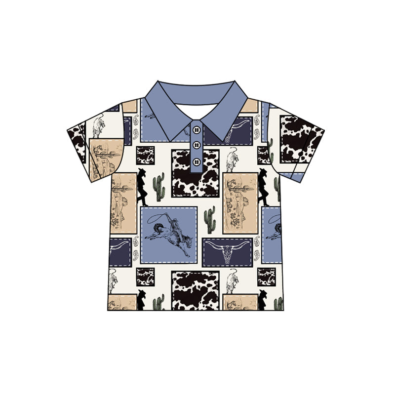 Preorder Baby Boy Short Sleeves Western Rodeo Cactus Pullovers Shirt Tops ( Moq 5 )