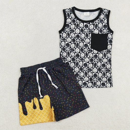 Baby Boys Kids Sleeveless Smile Shirt Pockets Black Shorts Set Summer Clothes
