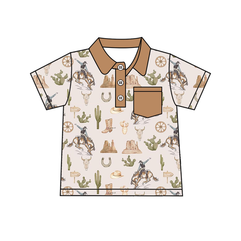 Preorder Baby Boy Short Sleeves Western Rodeo Cactus Buttons Shirt Tops ( Moq 5 )