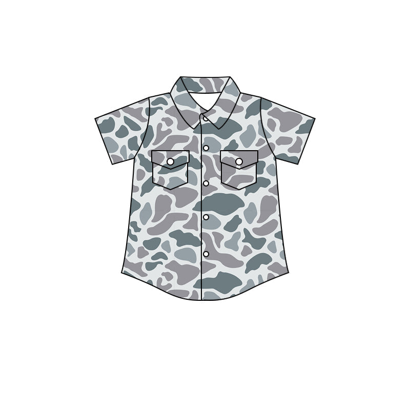 Baby Boy Short Sleeves Gray Camo Buttons Pocket Shirt Tops RTS