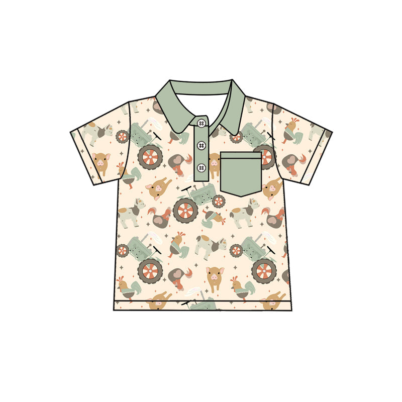 Preorder Baby Boy Short Sleeves Buttons Pocket Farm Animals Tractors Shirt ( Moq 5 )