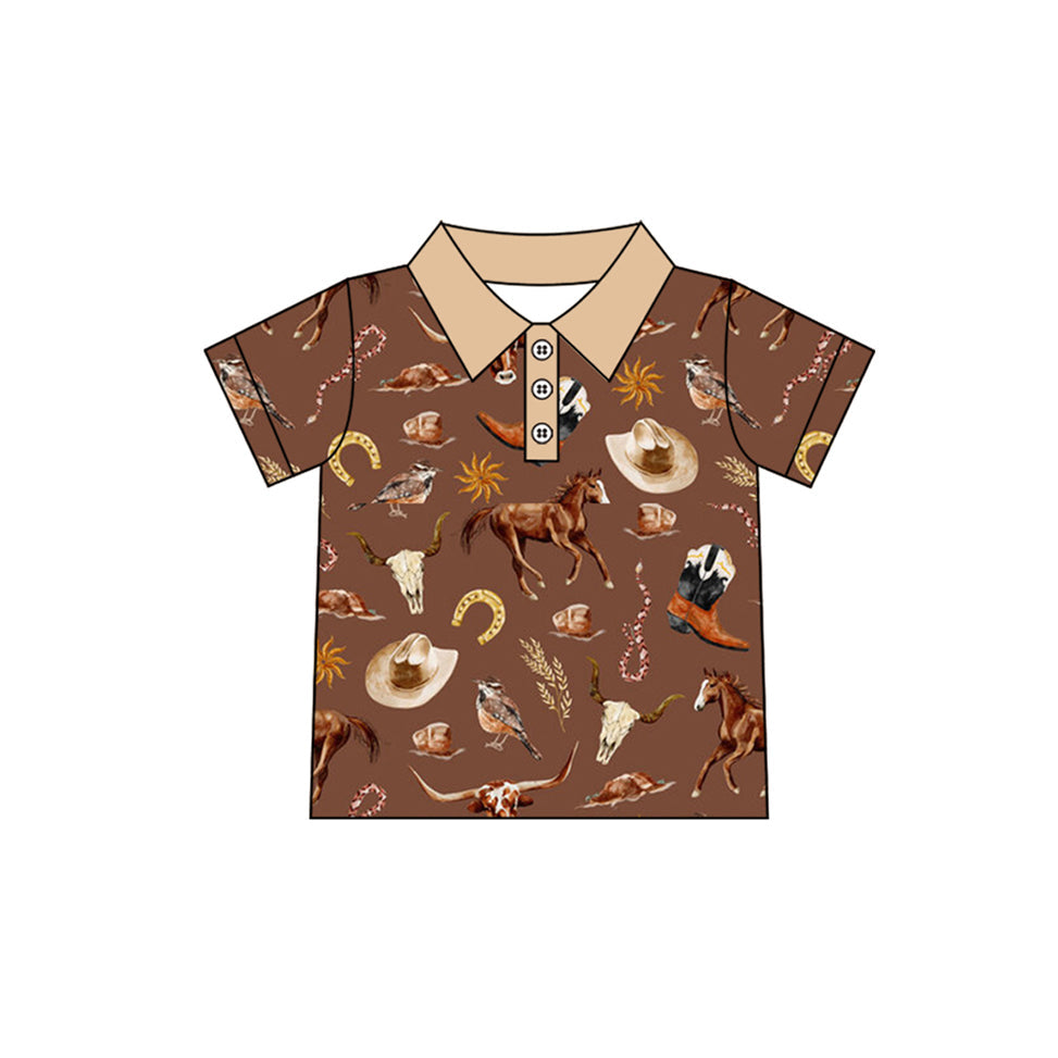 Preorder Baby Boy Brown Short Sleeves Western Hats Horses Buttons Shirt Tops ( Moq 5 )