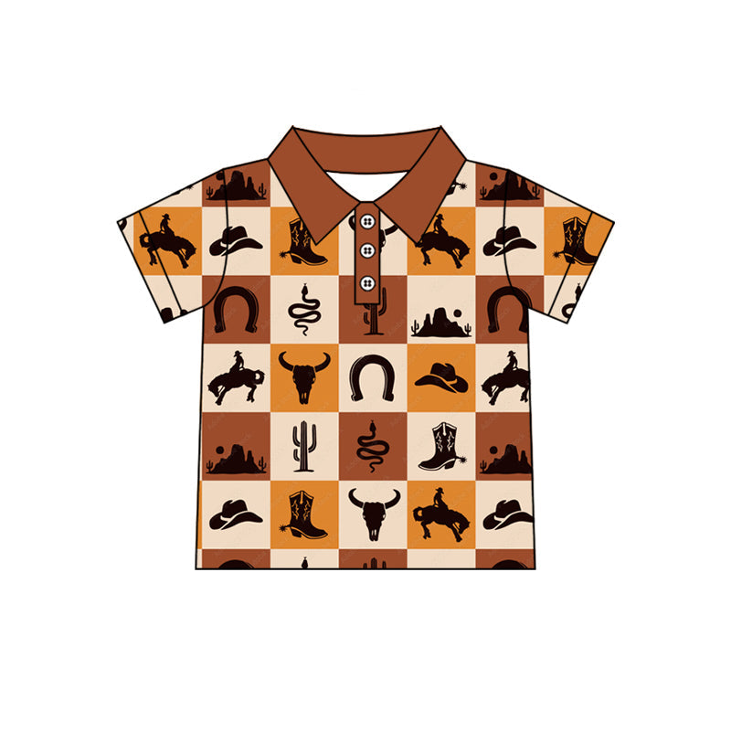 Preorder Baby Boy Short Sleeves Western Cow Boots Buttons Shirt Tops ( Moq 5 )