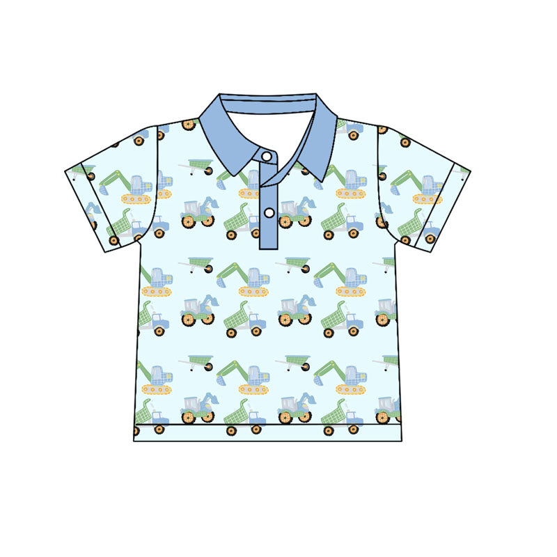 ( Moq 5 ) Preorder Baby Boy Short Sleeves Excavators Buttons Shirt Tops