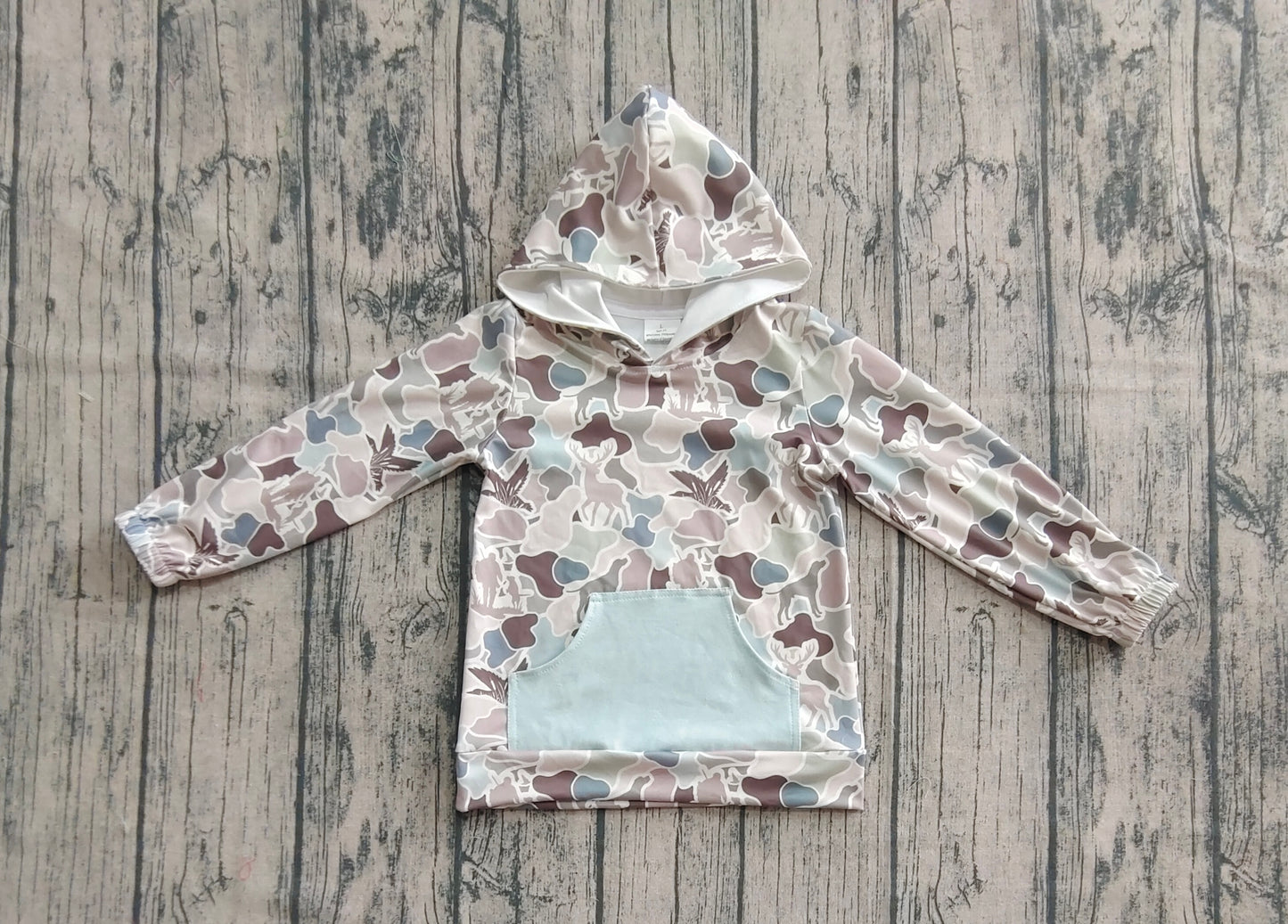 Baby Boy Long Sleeves Ducks Deer Dogs Camo Hunting Pocket Hoodie Shirt RTS