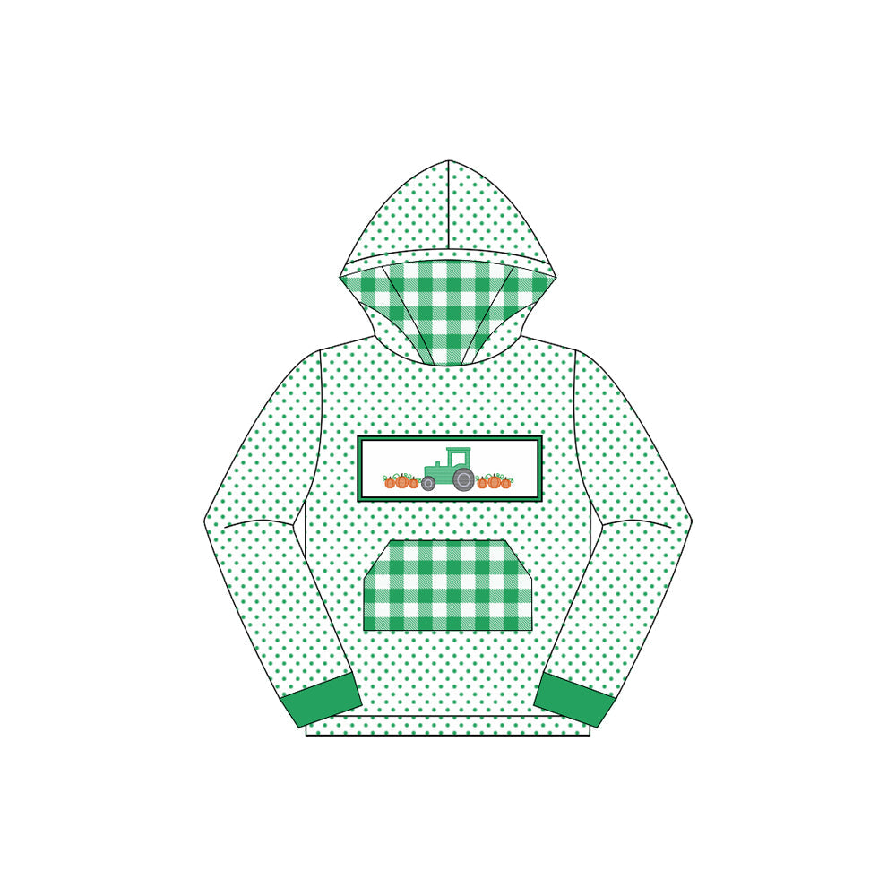 ( Moq 5 ) Preorder Baby Boy Long Sleeves Tractor Pumpkins Green Plaid Pocket Hoodie Fall Shirt