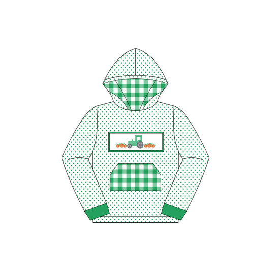 ( Moq 5 ) Preorder Baby Boy Long Sleeves Tractor Pumpkins Green Plaid Pocket Hoodie Fall Shirt