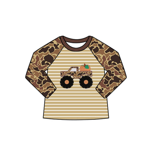 ( Moq 5 ) Preorder Baby Boy Camo Long Sleeves Truck Pumpkin Stripes Fall Shirt Tops