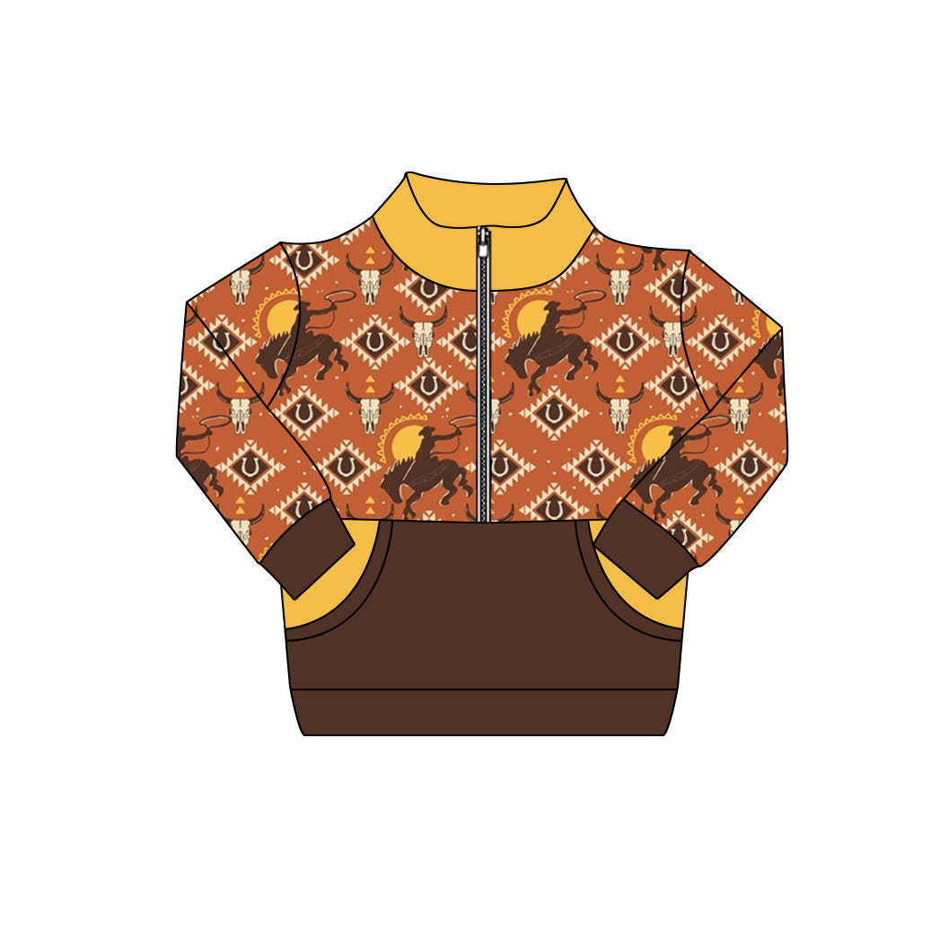( Moq 5 ) Preorder Baby Boy Long Sleeves Aztec Cow Rodeo Zipper Western Pullover Shirt Tops
