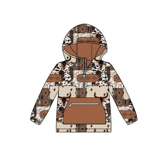 ( Moq 5 ) Preorder Baby Boy Long Sleeves Western Cow Cactus Hoodie Brown Pocket Shirt Tops