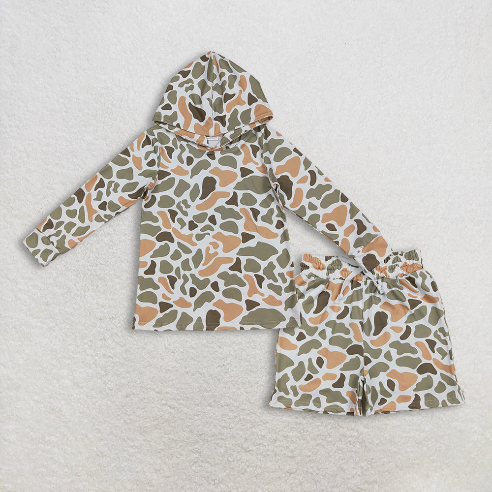Baby Boys Kids Long Sleeves Orange Green Camo Hoodie Shirt Pockets Shorts Clothes Set RTS