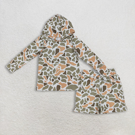 Baby Boys Kids Long Sleeves Orange Green Camo Hoodie Shirt Pockets Shorts Clothes Set RTS