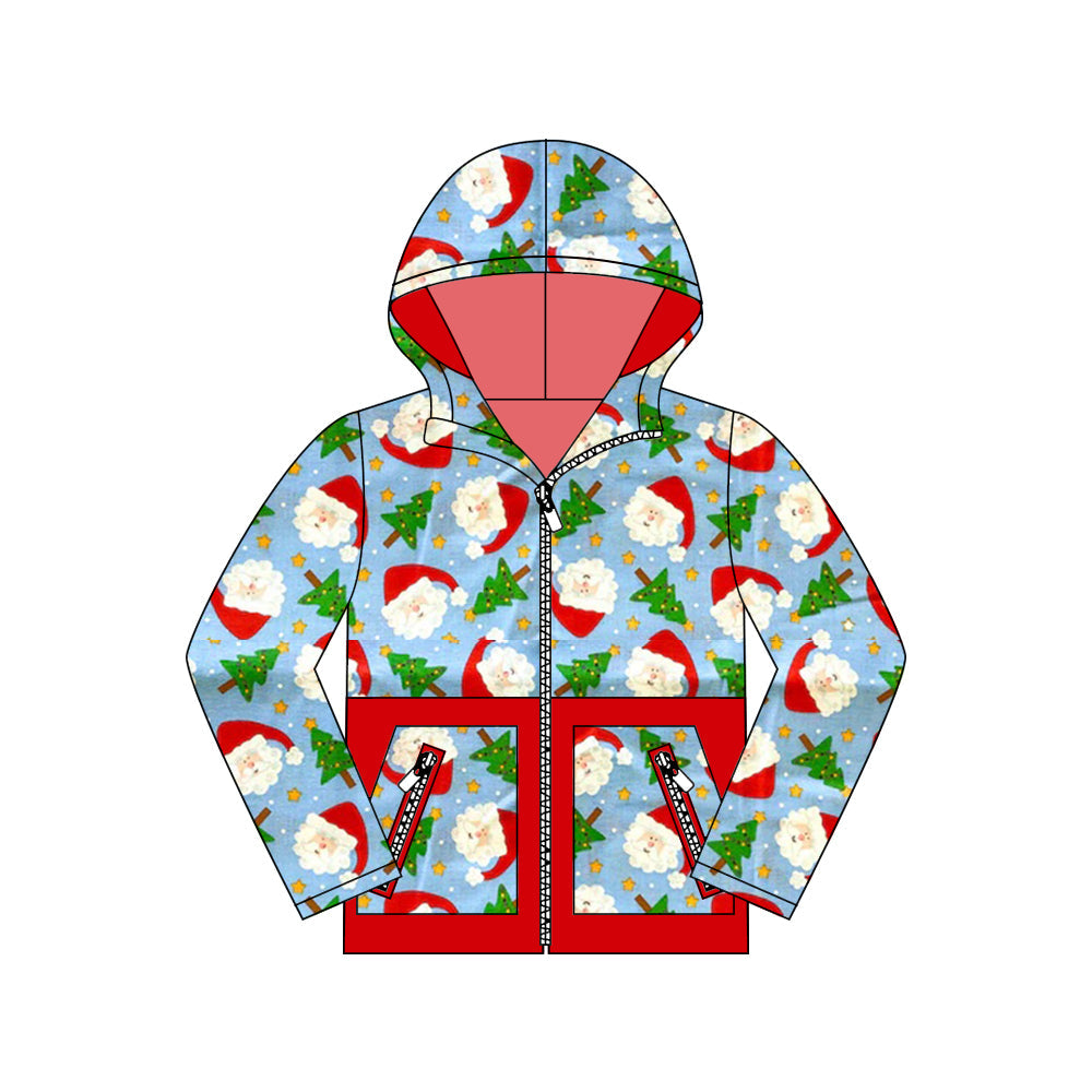 ( Moq 5 ) Preorder Baby Boy Long Sleeves Santa Christmas Pockets Hoodie Zipper Blue Coat Tops
