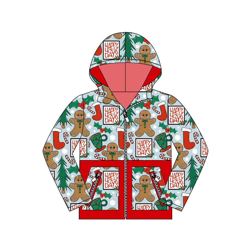 ( Moq 5 ) Preorder Baby Boy Long Sleeves Christmas Gingerbread Pockets Hoodie Zipper Coat Tops