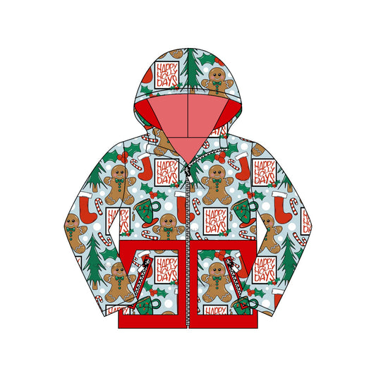 ( Moq 5 ) Preorder Baby Boy Long Sleeves Christmas Gingerbread Pockets Hoodie Zipper Coat Tops
