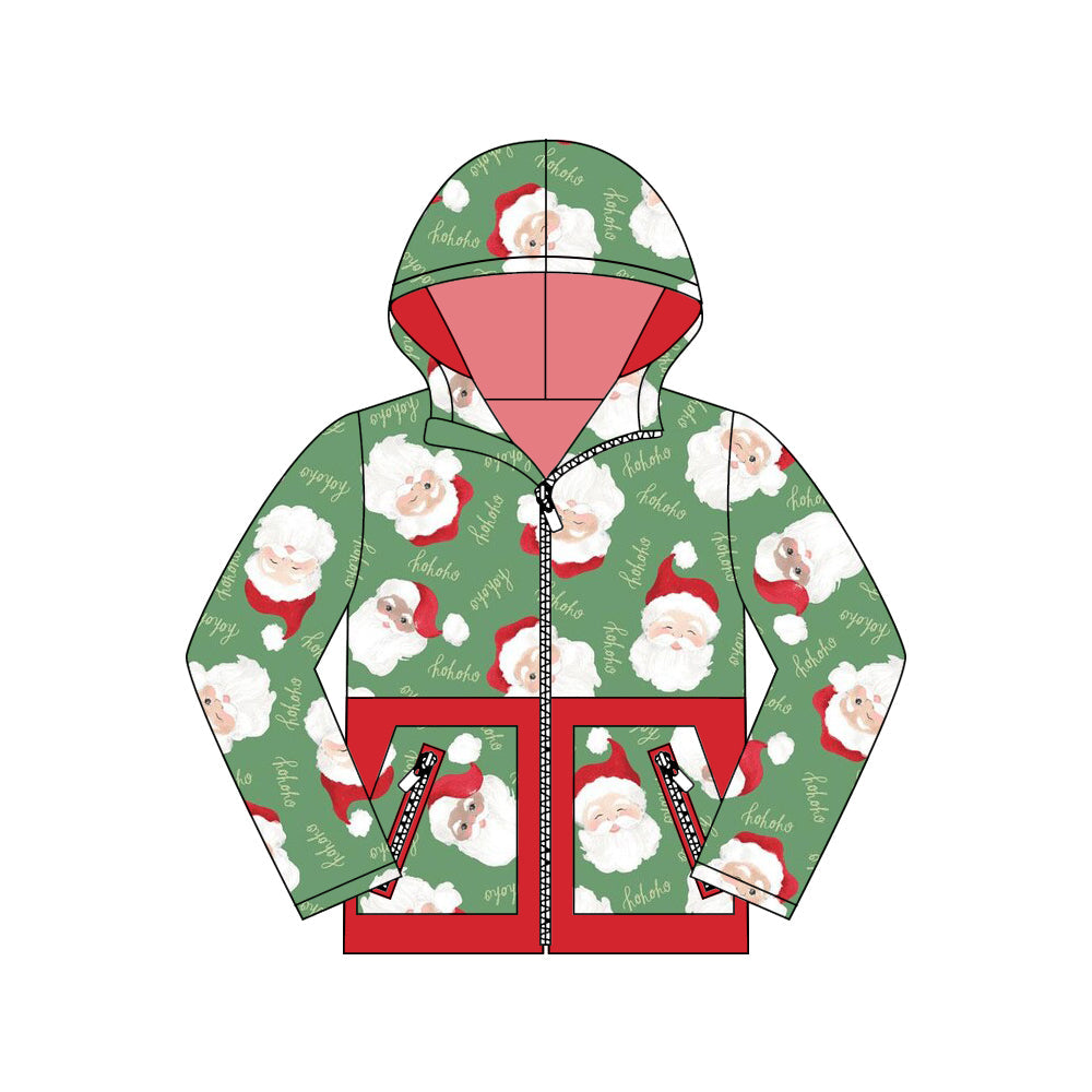 ( Moq 5 ) Preorder Baby Boy Long Sleeves Santa Christmas Pockets Hoodie Zipper Green Coat Tops
