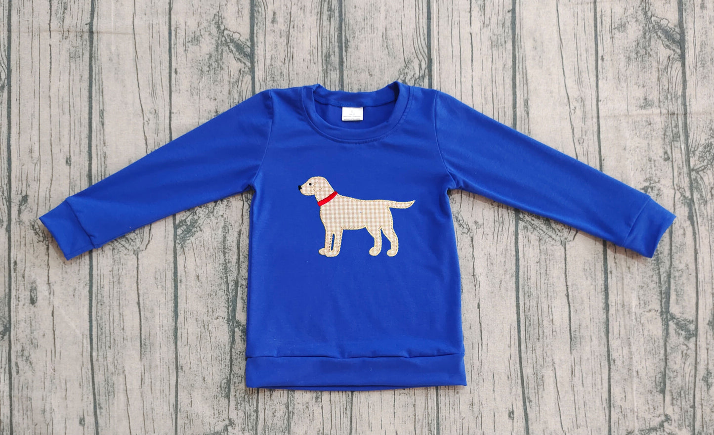 ( No moq ) Preorder Baby Boy Long Sleeves Embroidery Dog Blue Shirt Tops