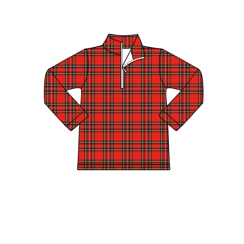 (Moq 5 ) Preorder Toddler Kids Long Sleeves Red Plaid Christmas Zipper Pullover Shirt